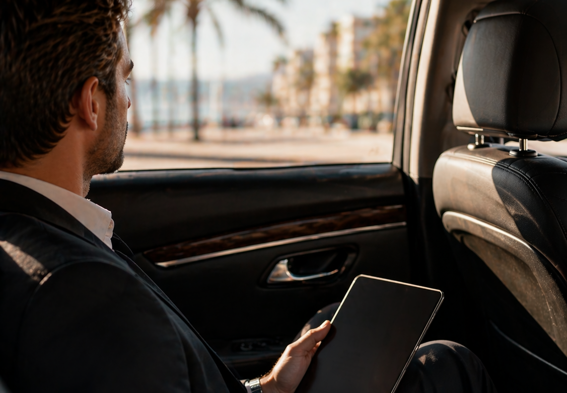 Pasajero en el asiento trasero de un coche premium con una tablet, durante un traslado por la costa de Alicante
