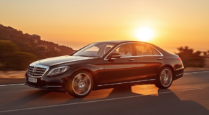 Una toma exterior dinámica de un sedán Mercedes-Benz S-Class negro que avanza por una carretera sinuosa de montaña durante el atardecer. El coche está en primer plano, con el conductor visible a través de la ventana delantera. El sol está bajo en el cielo, creando un brillo dorado que se refleja en la superficie del coche. Las montañas están en el fondo, con una ciudad a lo lejos. La carretera tiene marcas blancas y está flanqueada por vegetación. El coche tiene un acabado negro brillante y las ruedas están en movimiento. La matrícula es visible en la parte trasera.